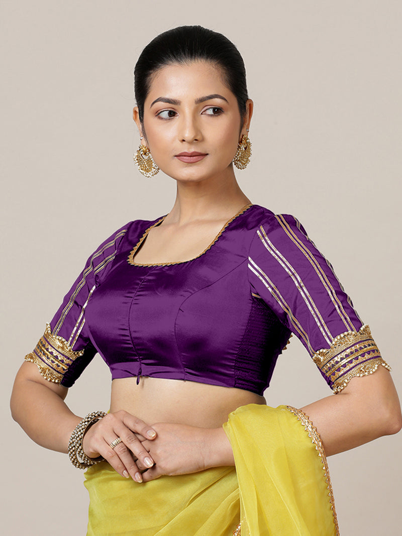 Aziza x Tyohaar | Elbow Sleeves Saree Blouse in Purple-Binks