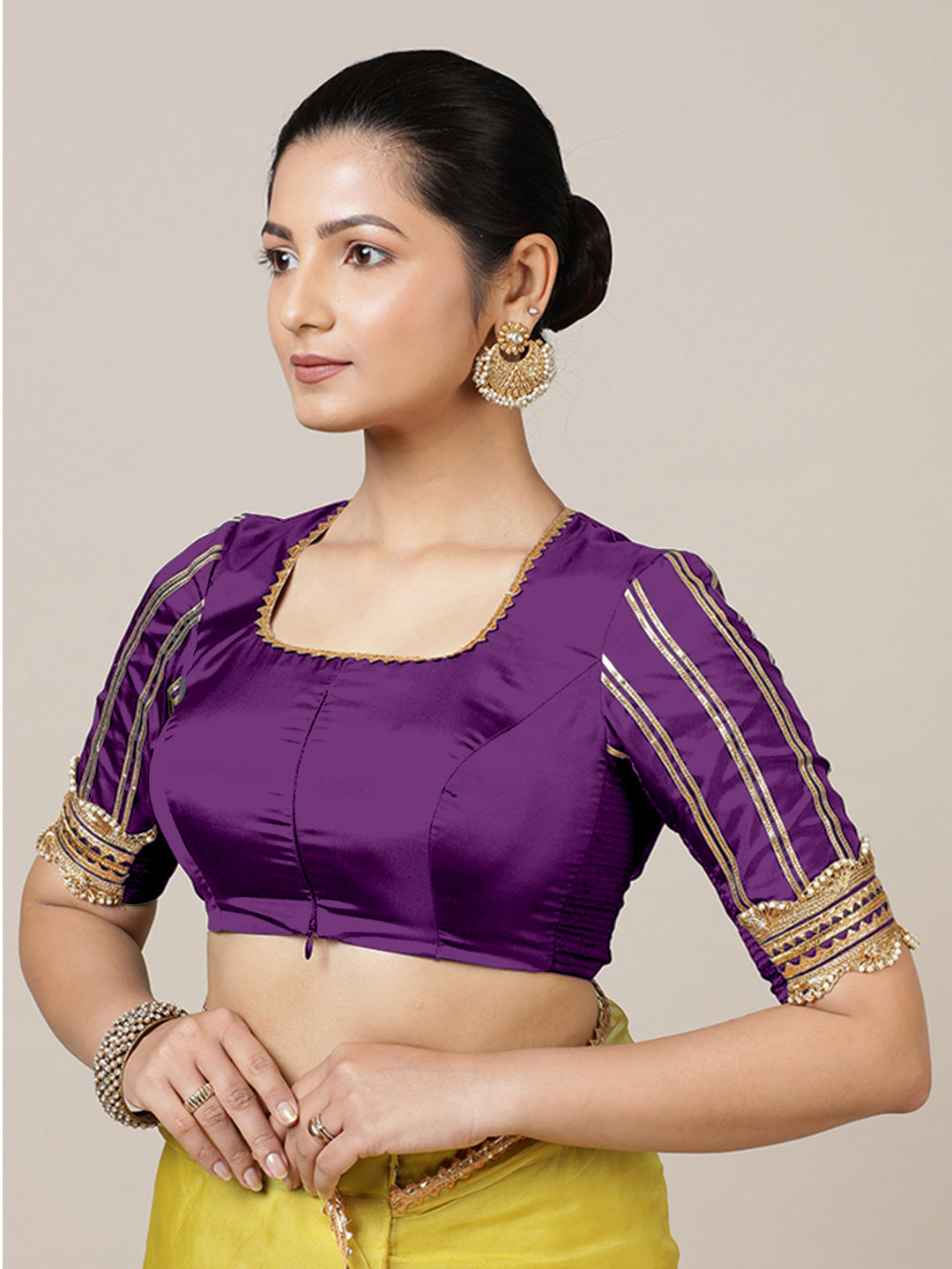 Aziza x Tyohaar Saree Blouse, in Purple Vegan Silk, featuring elbow sleeves and square neckline, made for party & festive.