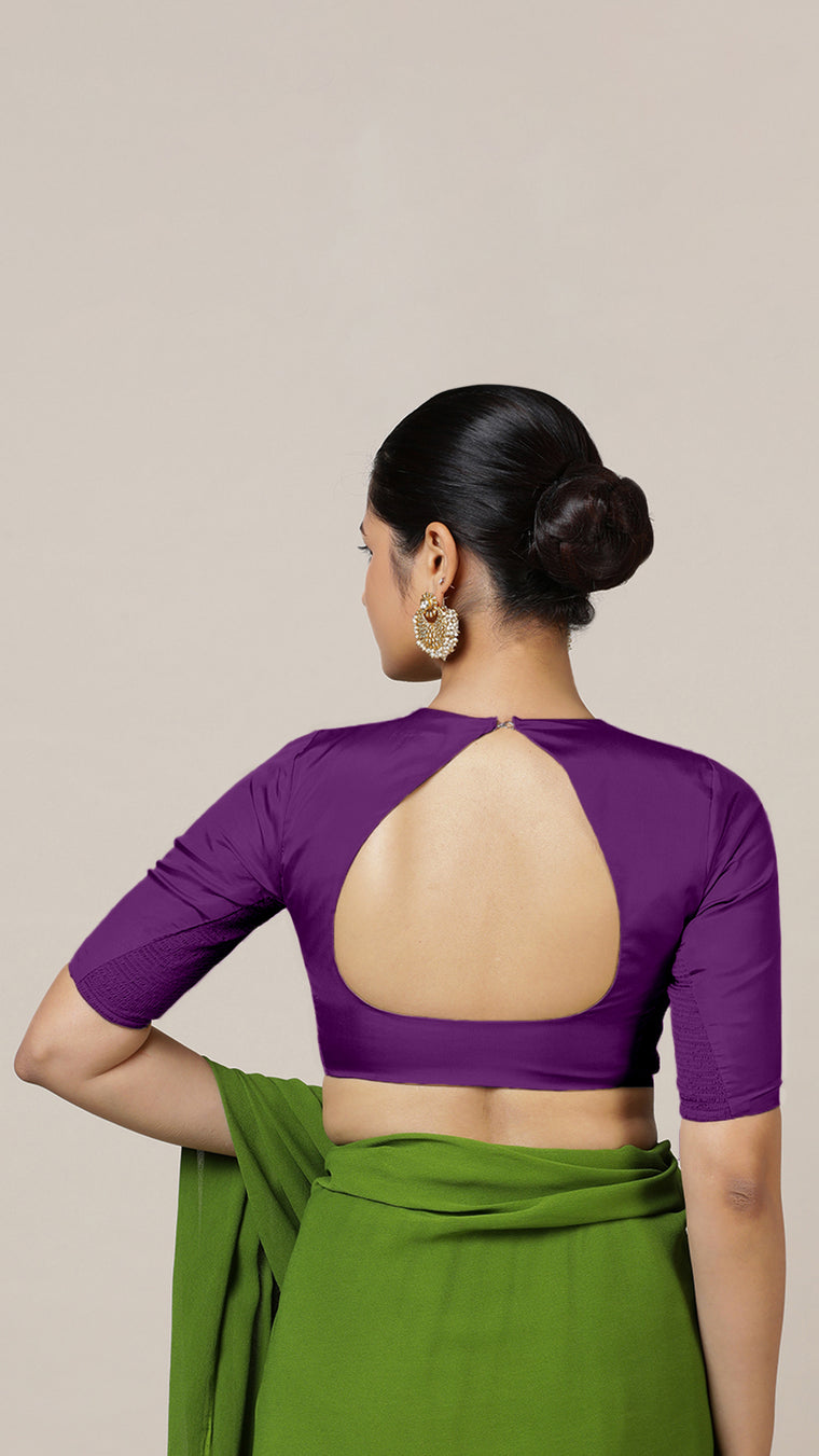 Aziza x Rozaana Saree Blouse, in Purple Vegan Silk, featuring elbow sleeves and square neckline, made for daily & work (view 2).