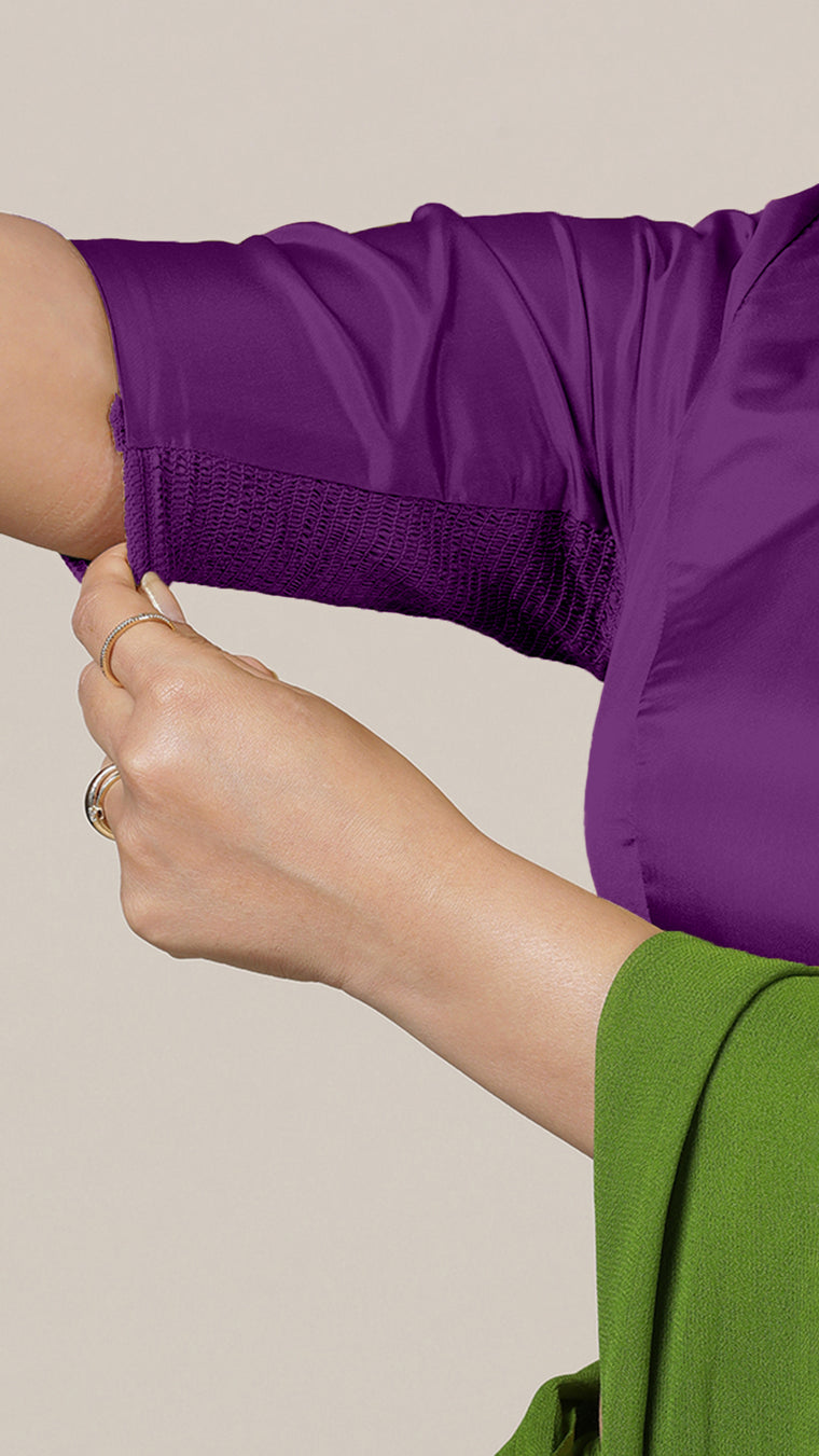 Aziza x Rozaana Saree Blouse, in Purple Vegan Silk, featuring elbow sleeves and square neckline, made for daily & work (view 3).