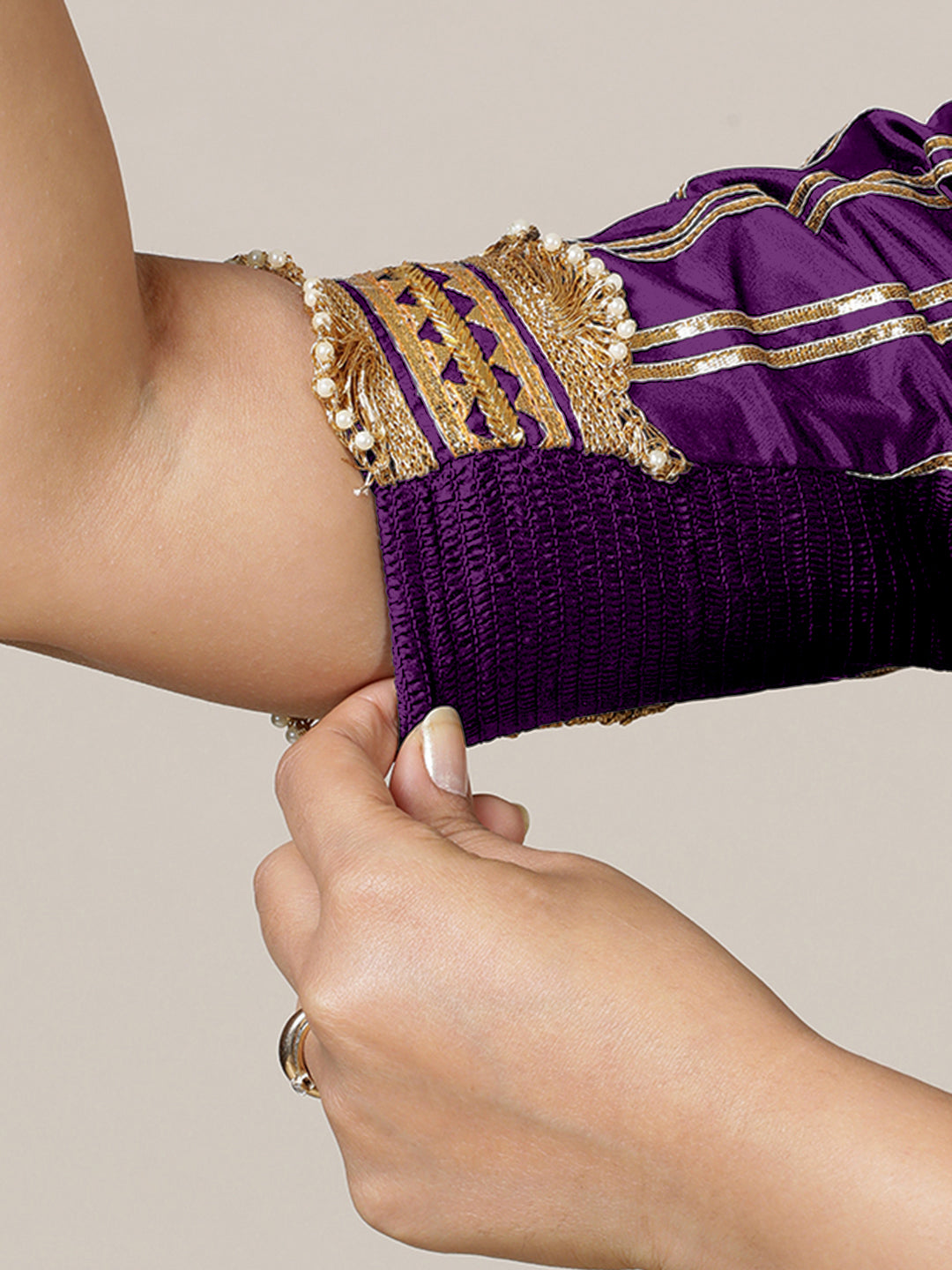 Aziza x Tyohaar Saree Blouse, in Purple Vegan Silk, featuring elbow sleeves and square neckline, made for party & festive.
