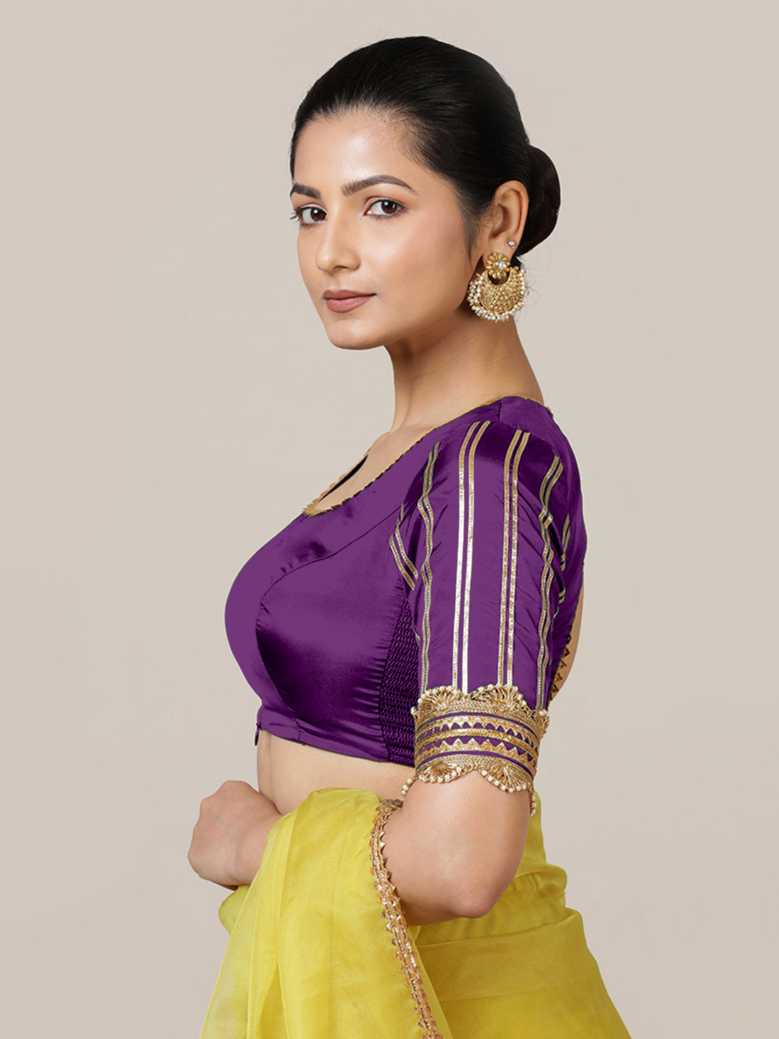 Aziza x Tyohaar Saree Blouse, in Purple Vegan Silk, featuring elbow sleeves and square neckline, made for party & festive.