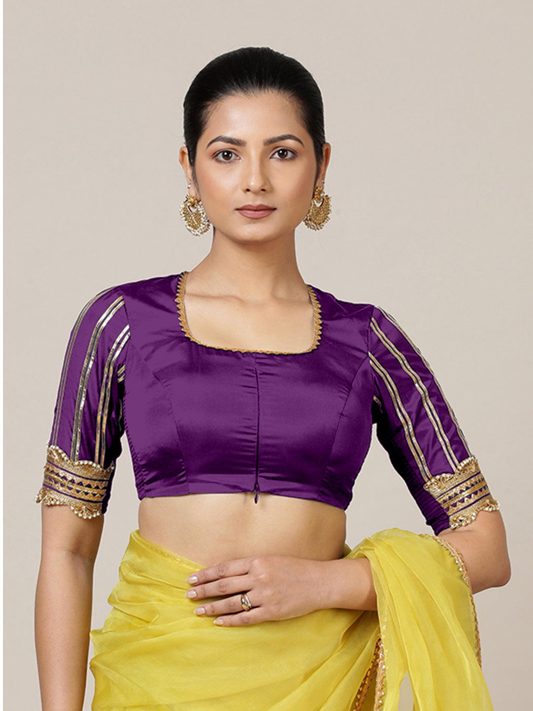 Aziza x Tyohaar Saree Blouse, in Purple Vegan Silk, featuring elbow sleeves and square neckline, made for party & festive.
