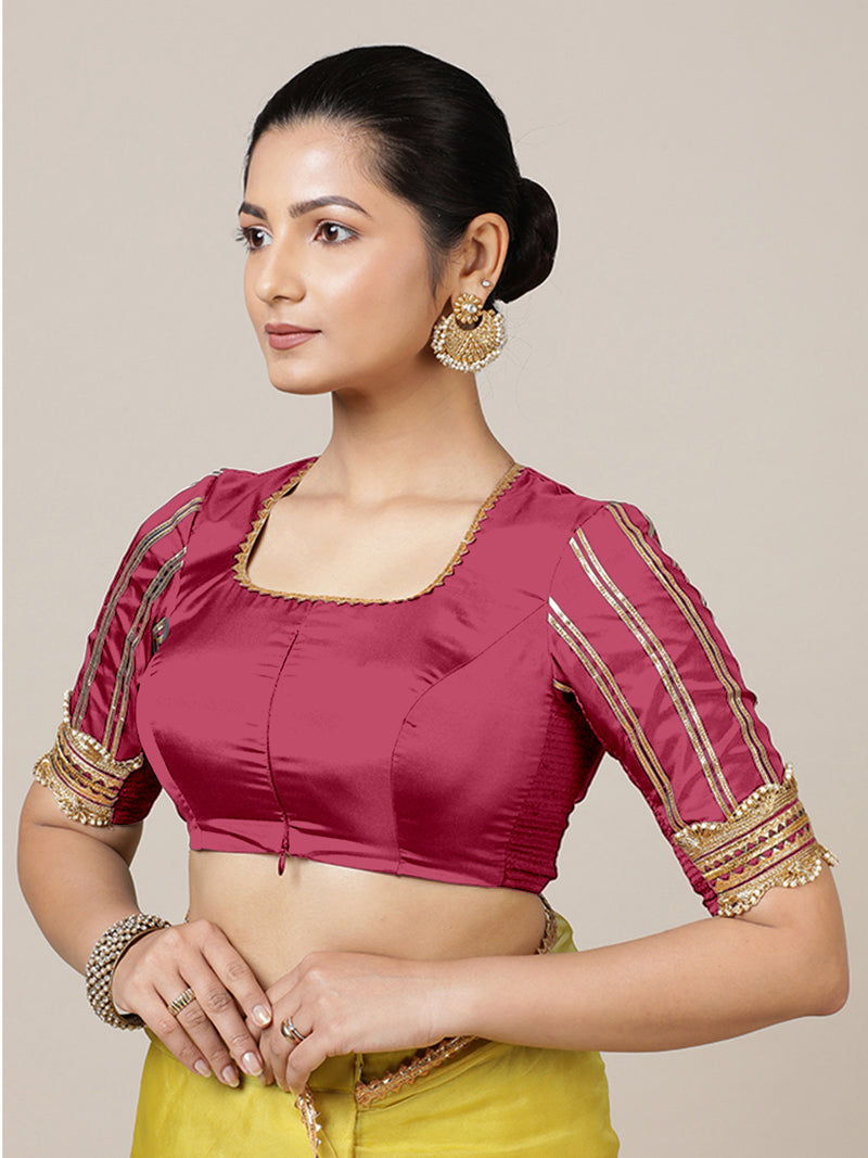Aziza x Tyohaar | Elbow Sleeves Saree Blouse in Rani Pink-Binks