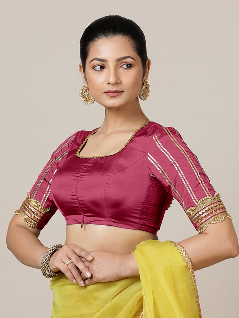 Aziza x Tyohaar Saree Blouse, in Pink Vegan Silk, featuring elbow sleeves and square neckline, made for party & festive.