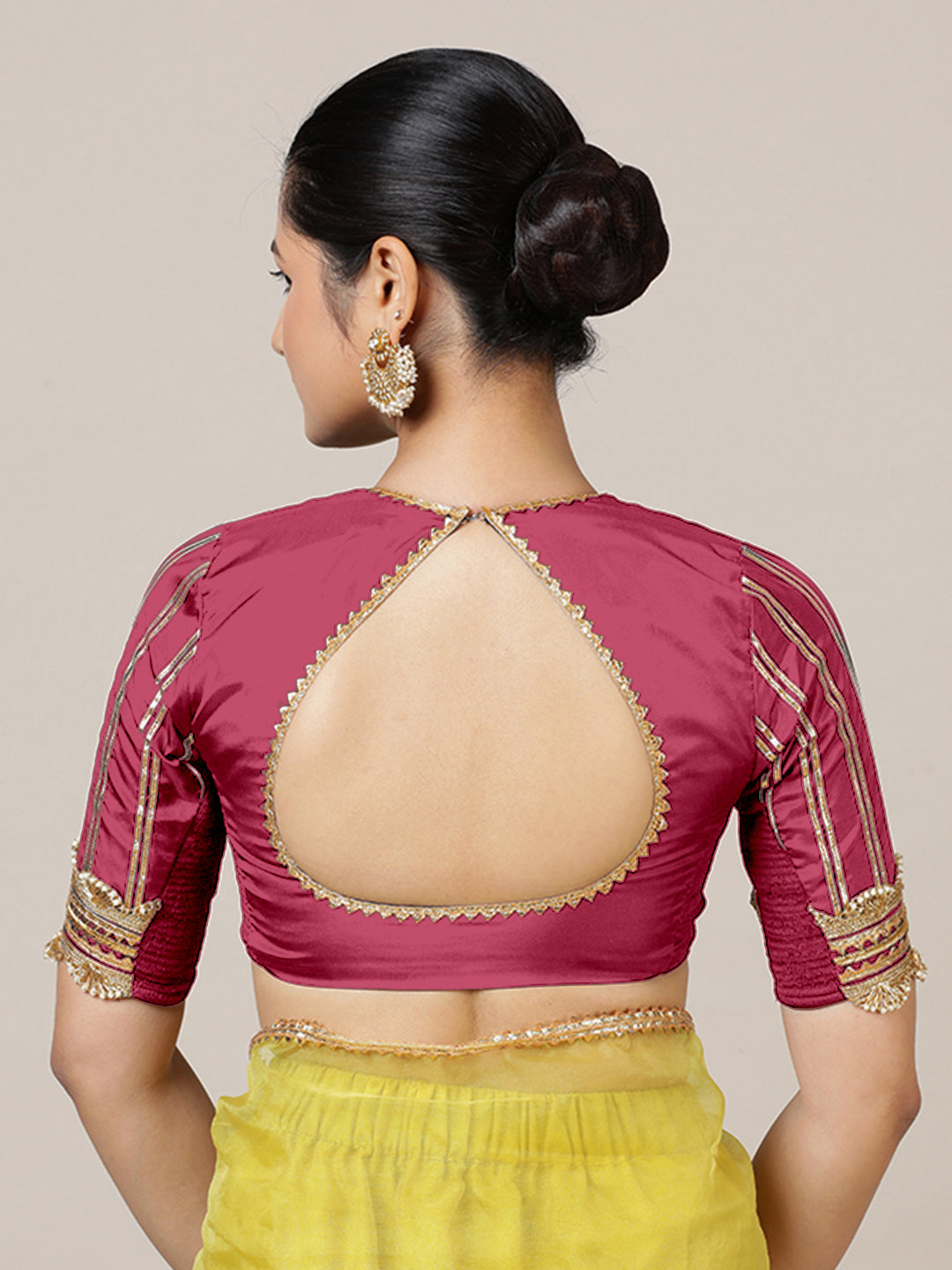 Aziza x Tyohaar Saree Blouse, in Pink Vegan Silk, featuring elbow sleeves and square neckline, made for party & festive.