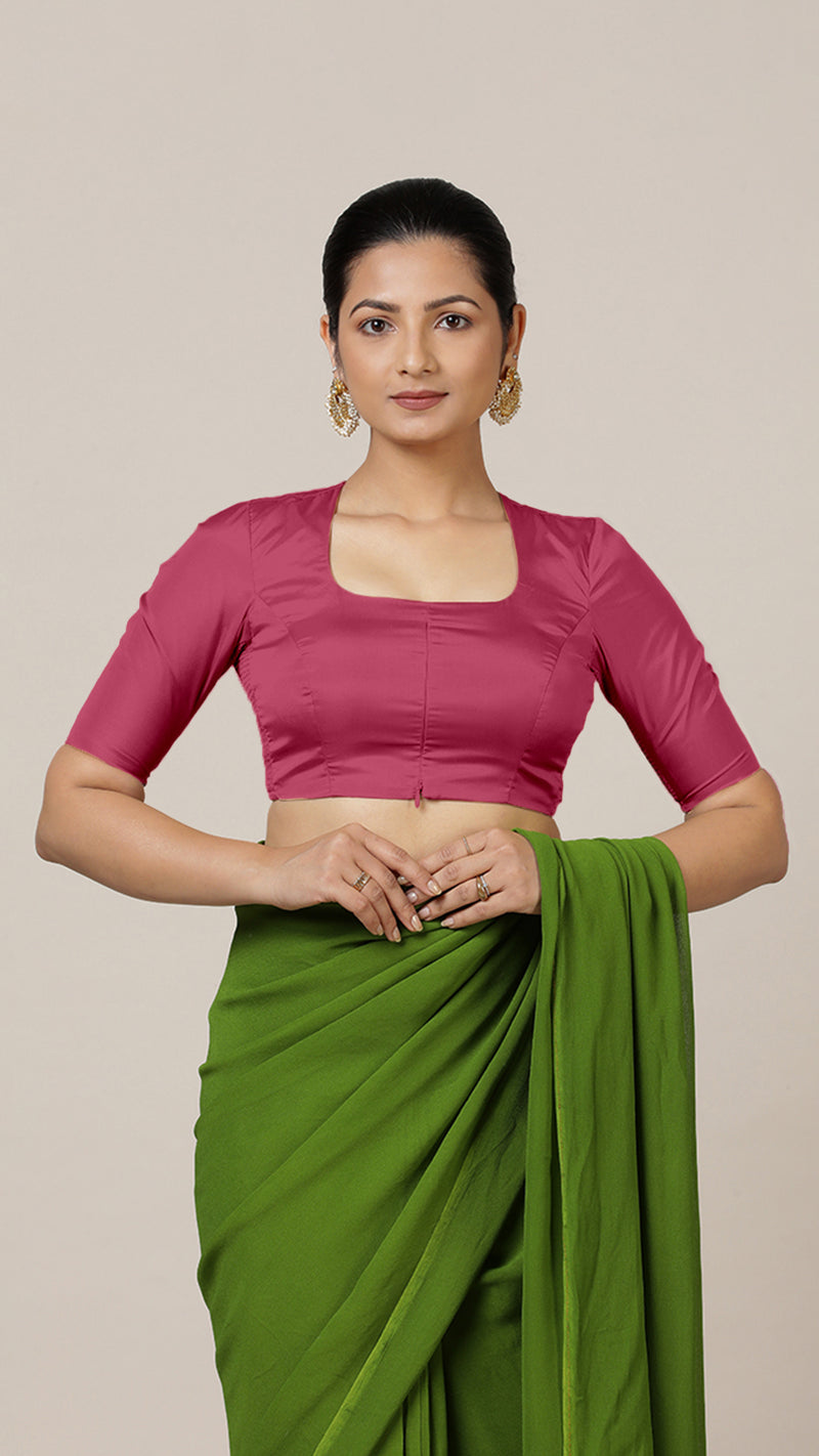 Aziza x Rozaana | Elbow Sleeves Saree Blouse in Rani Pink-Binks