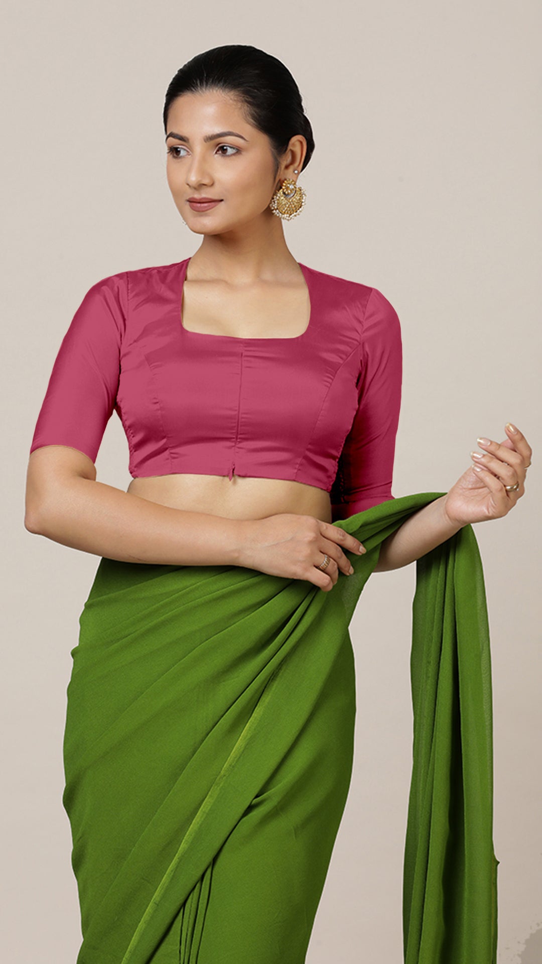 Aziza x Rozaana Saree Blouse, in Pink Vegan Silk, featuring elbow sleeves and square neckline, made for daily & work (view 8).