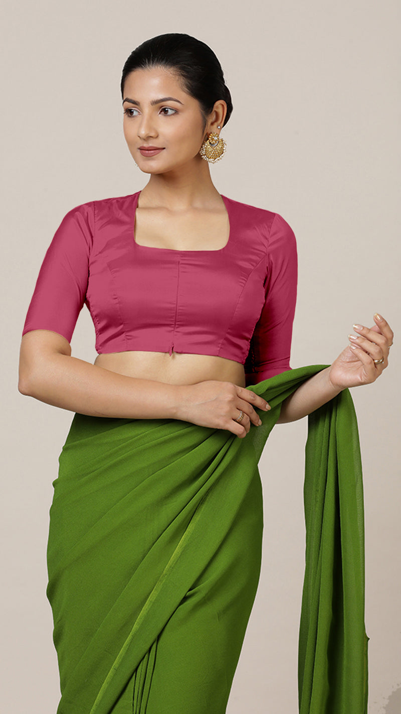 Aziza x Rozaana | Elbow Sleeves Saree Blouse in Rani Pink-Binks