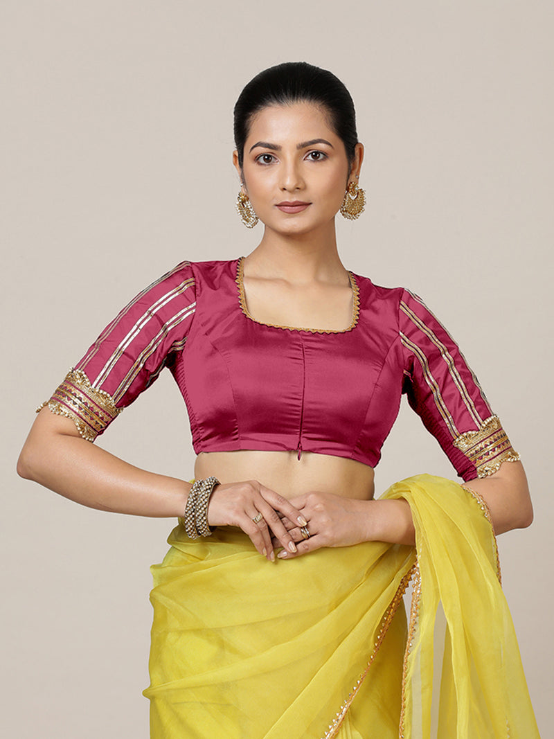 Aziza x Tyohaar | Elbow Sleeves Saree Blouse in Rani Pink-Binks