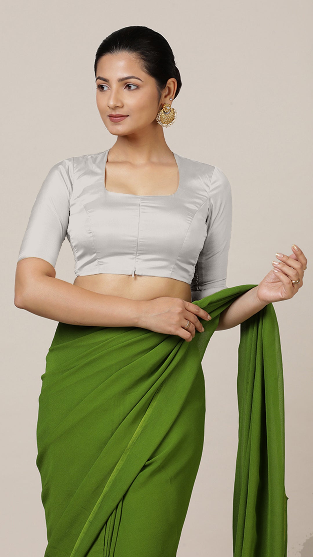 Aziza x Rozaana Saree Blouse, in Silver Vegan Silk, featuring elbow sleeves and square neckline, made for daily & work.