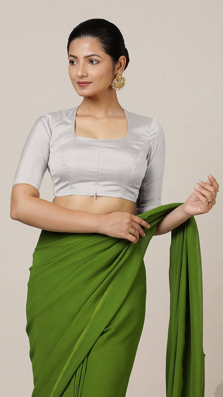 Aziza x Rozaana Saree Blouse, in Silver Vegan Silk, featuring elbow sleeves and square neckline, made for daily & work.