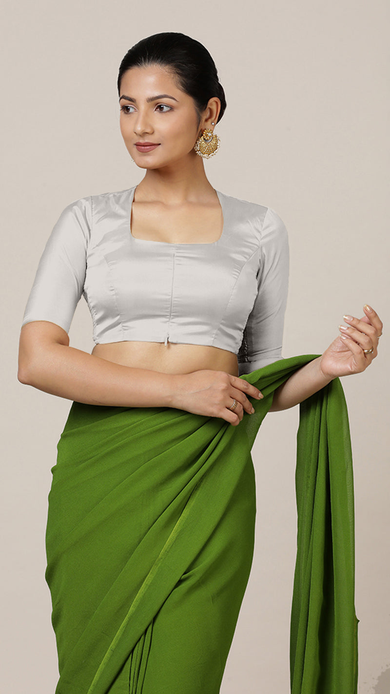 Aziza x Rozaana | Elbow Sleeves Saree Blouse in Silver-Binks