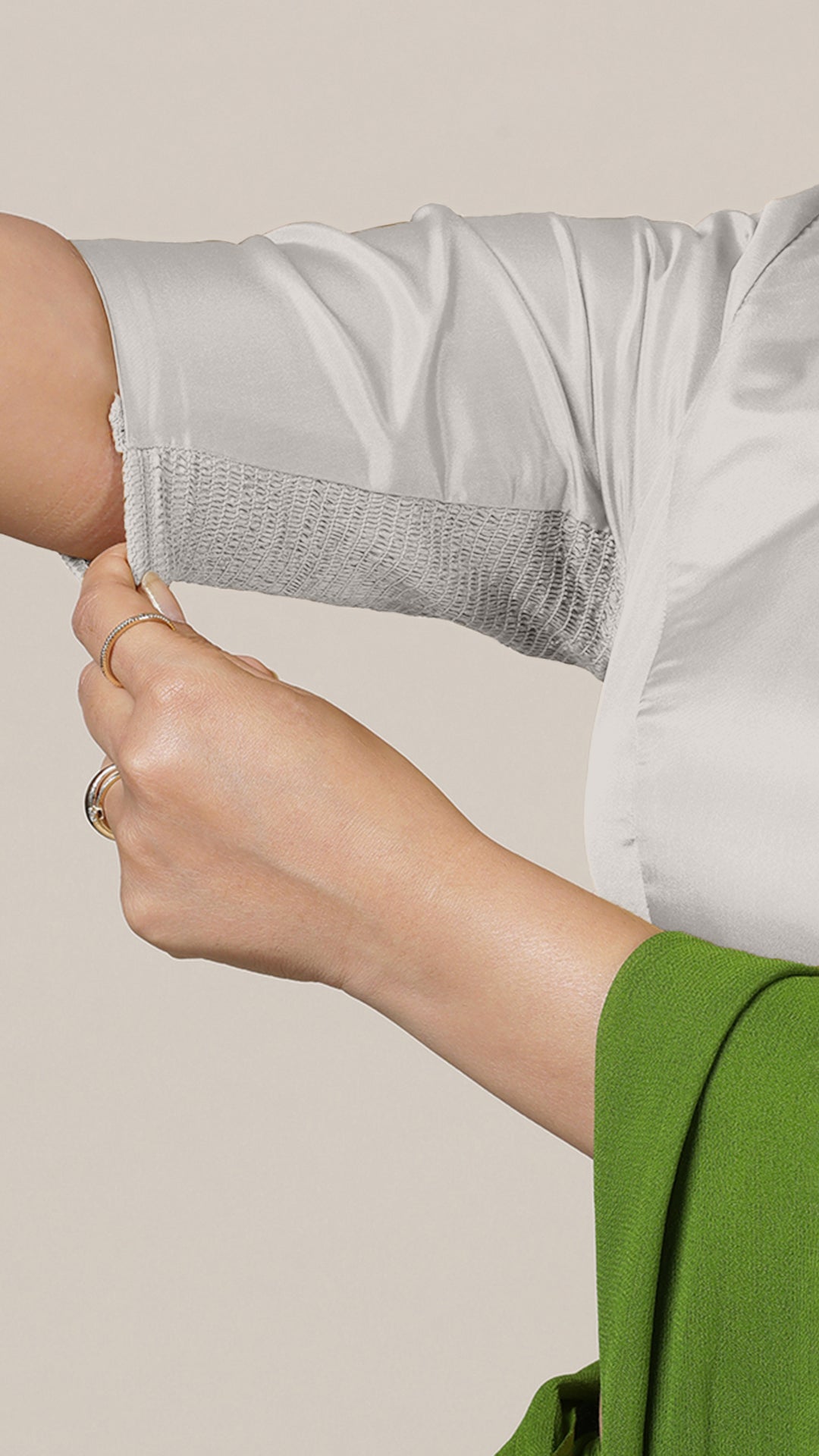 Aziza x Rozaana Saree Blouse, in Silver Vegan Silk, featuring elbow sleeves and square neckline, made for daily & work (view 3).