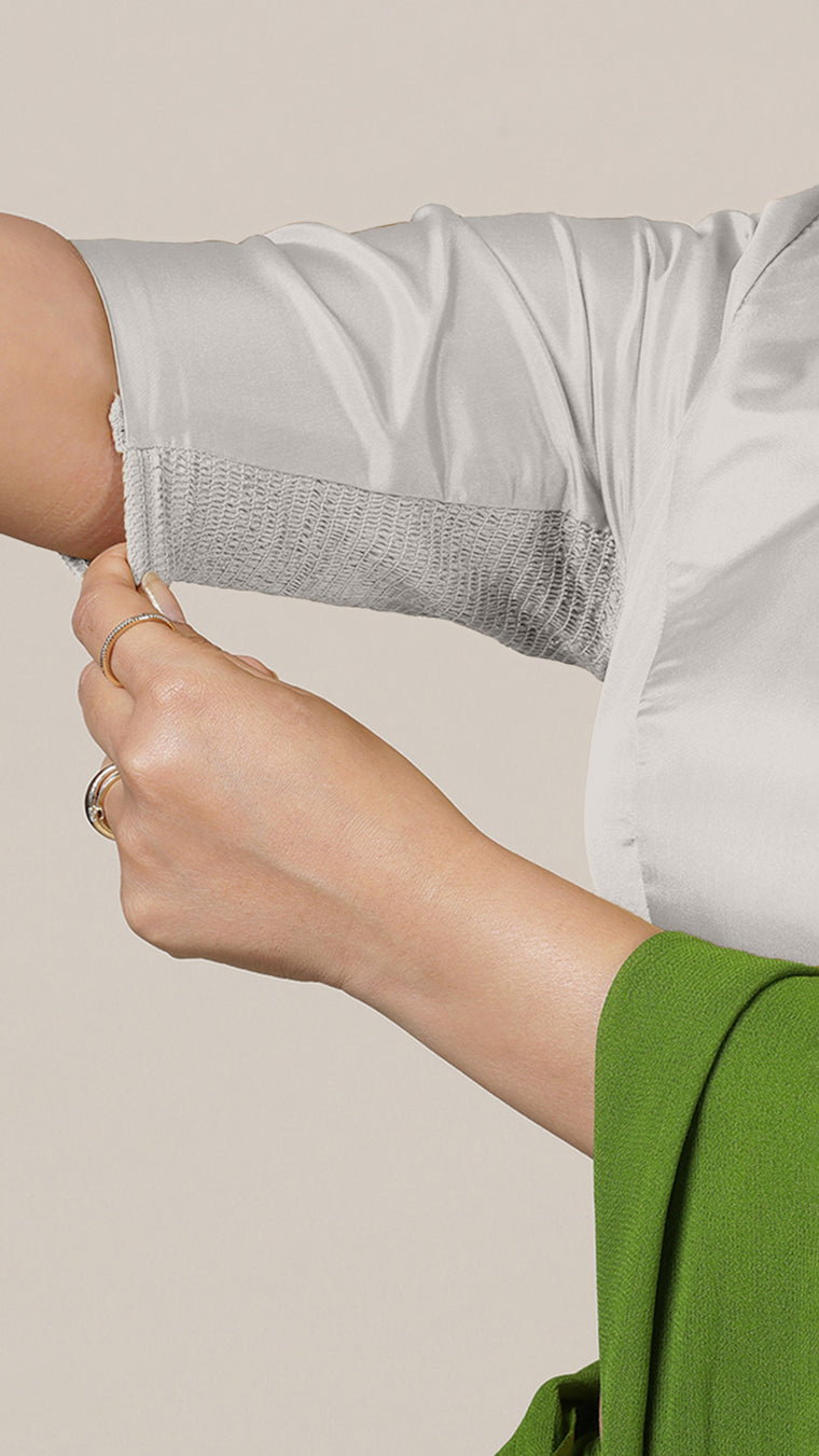 Aziza x Rozaana Saree Blouse, in Silver Vegan Silk, featuring elbow sleeves and square neckline, made for daily & work (view 3).