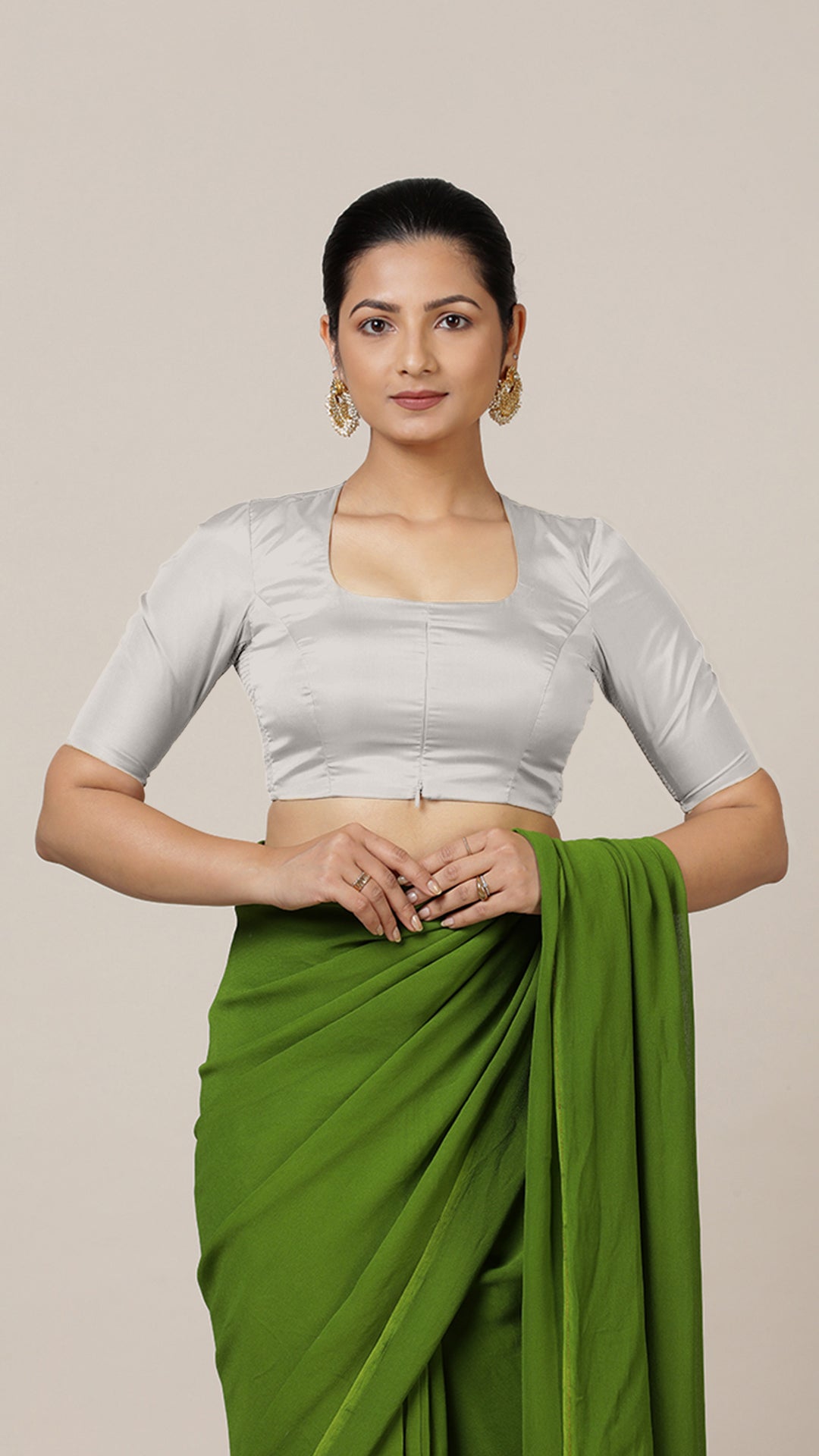 Aziza x Rozaana Saree Blouse, in Silver Vegan Silk, featuring elbow sleeves and square neckline, made for daily & work (view 8).