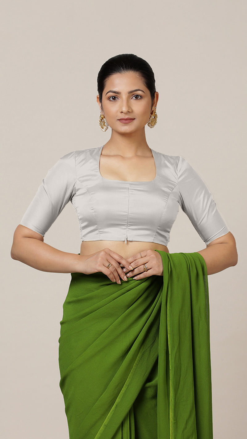 Aziza x Rozaana | Elbow Sleeves Saree Blouse in Silver-Binks
