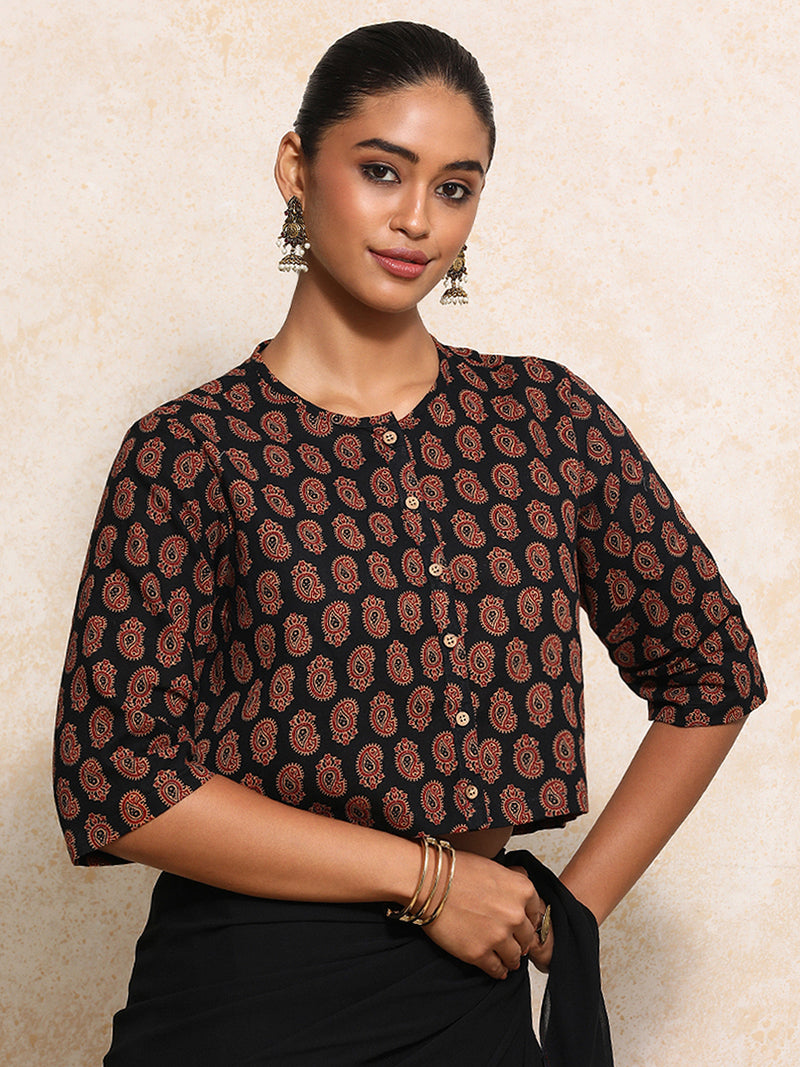 Baisakhi x Rozaana | Elbow Sleeves Saree Blouse in Black Mango Block Print Cotton-Binks