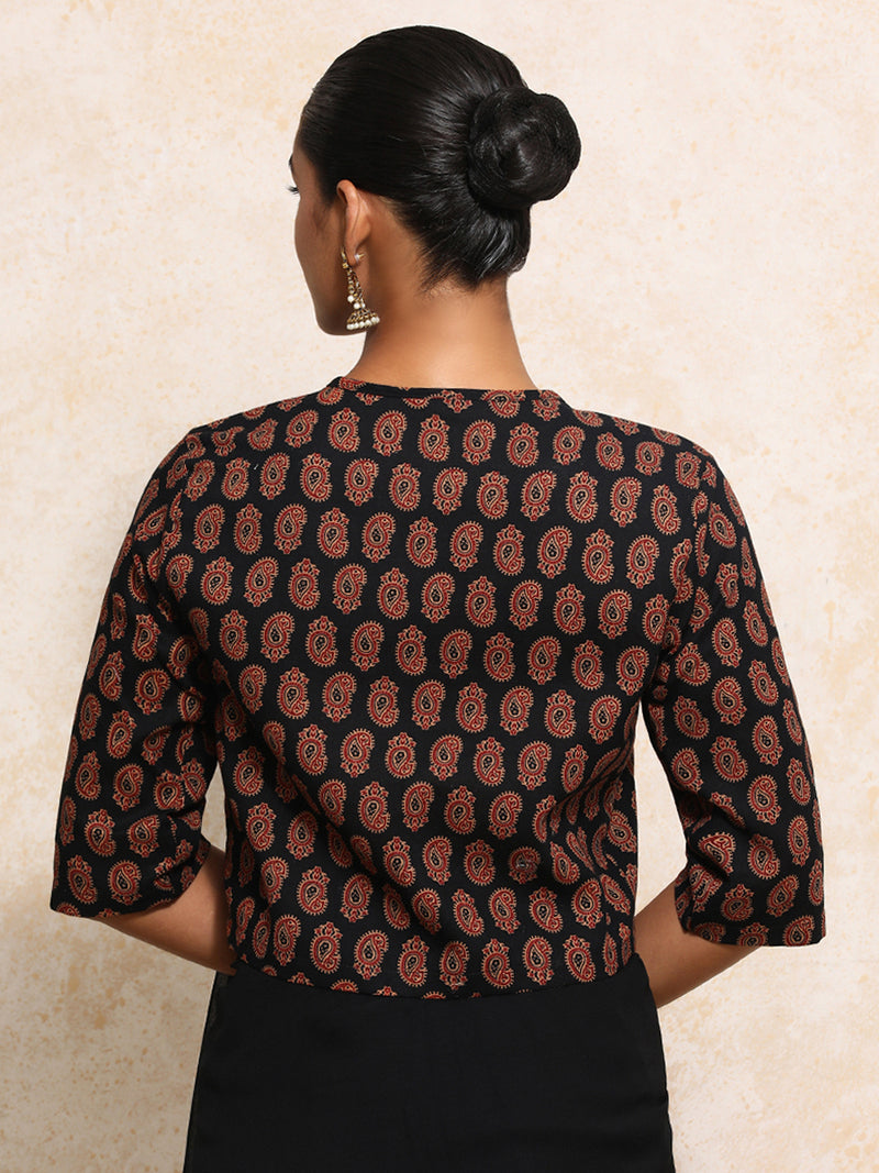 Baisakhi x Rozaana | Elbow Sleeves Saree Blouse in Black Mango Block Print Cotton-Binks