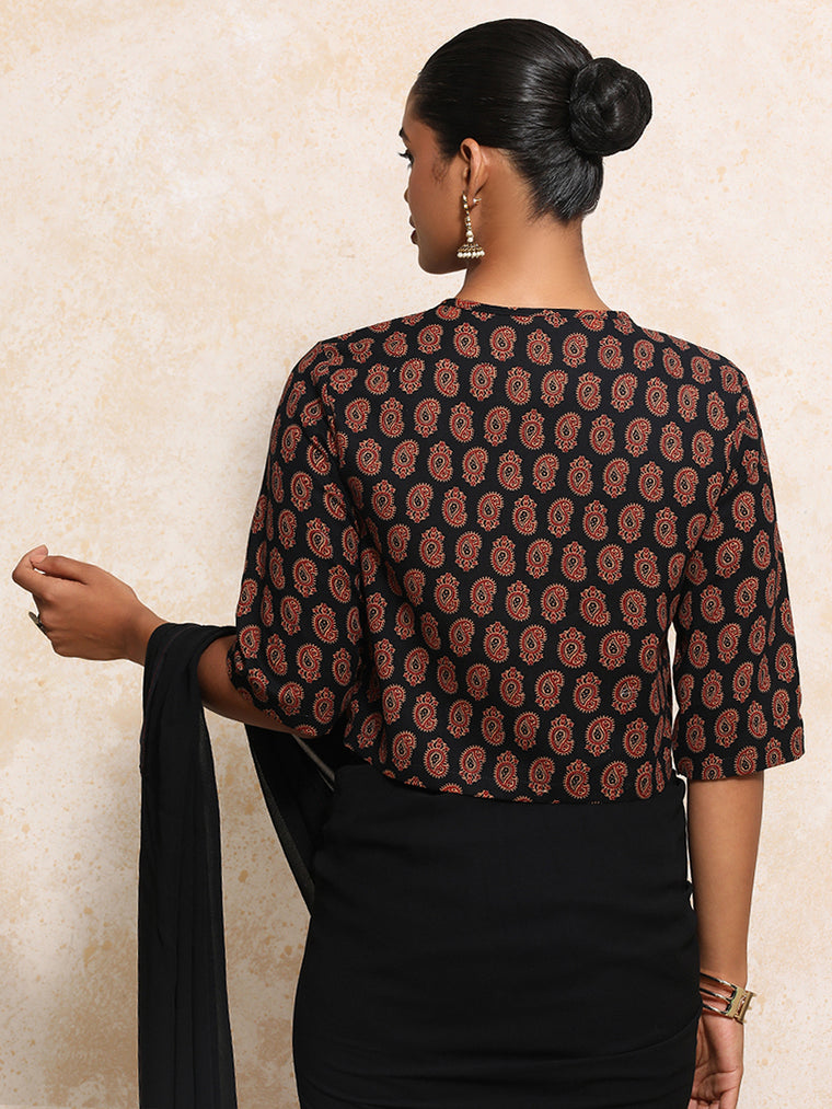 Baisakhi x Rozaana Saree Blouse, in Black 100% Cotton - Block Printed, featuring elbow sleeves and jewel neckline (view 2).