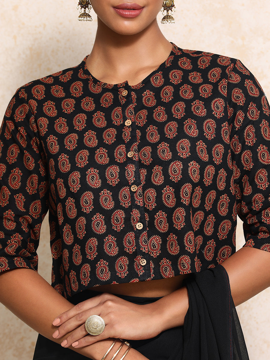 Baisakhi x Rozaana Saree Blouse, in Black 100% Cotton - Block Printed, featuring elbow sleeves and jewel neckline (view 3).