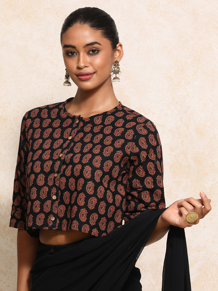 Baisakhi x Rozaana Saree Blouse, in Black 100% Cotton - Block Printed, featuring elbow sleeves and jewel neckline (view 7).