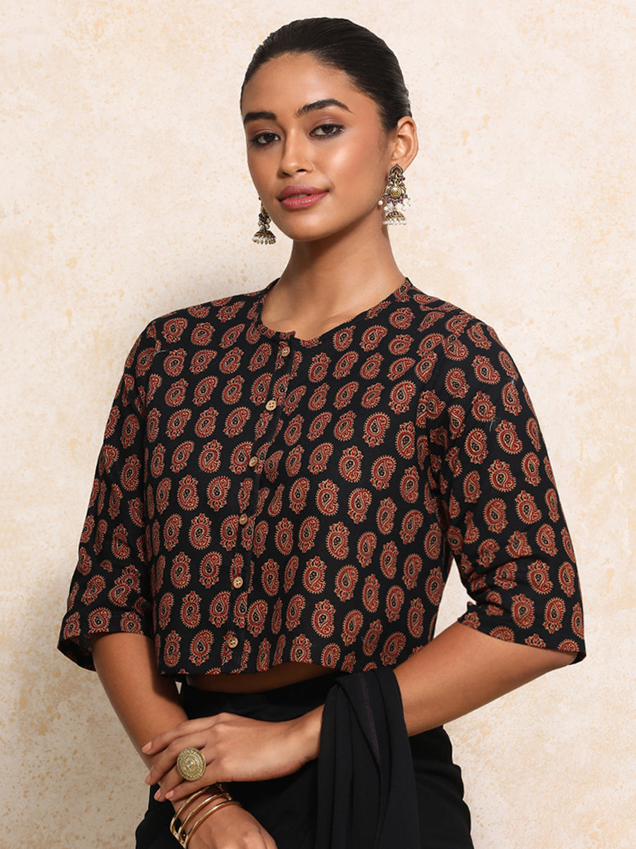 Baisakhi x Rozaana Saree Blouse, in Black 100% Cotton - Block Printed, featuring elbow sleeves and jewel neckline (view 8).