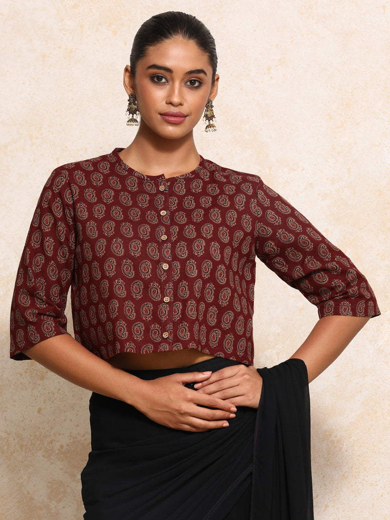 Baisakhi x Rozaana | Elbow Sleeves Saree Blouse in Red Mango Block Print Cotton-Binks