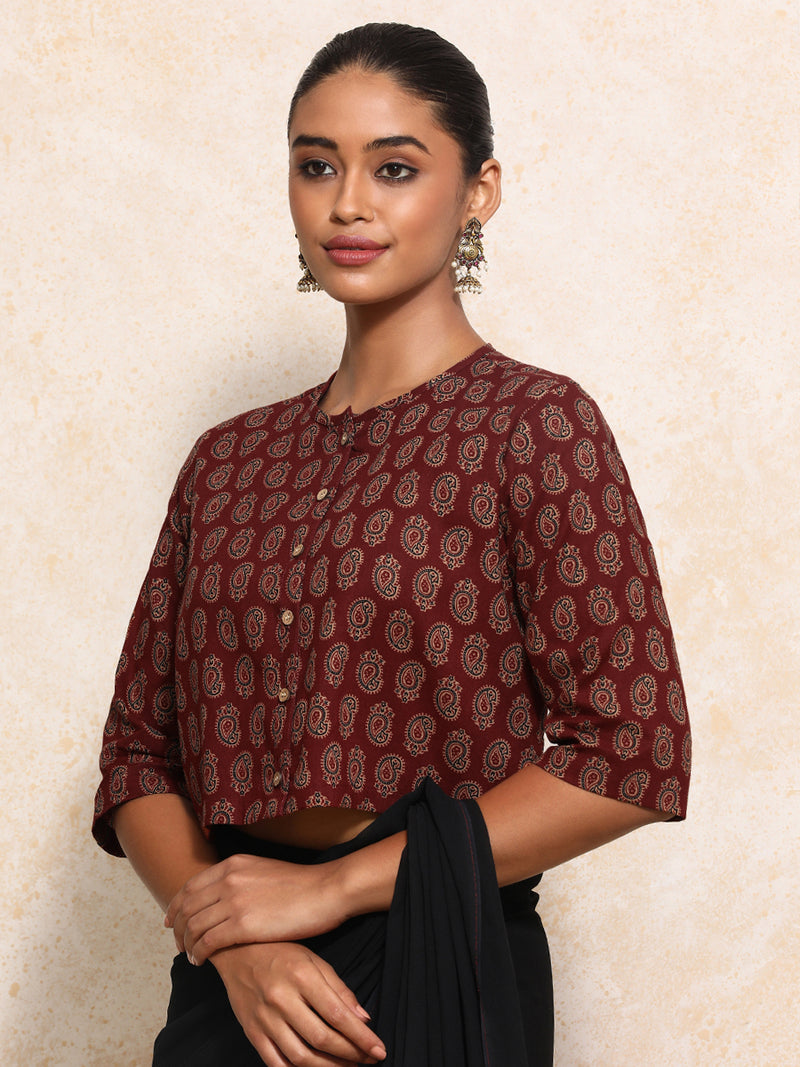 Baisakhi x Rozaana | Elbow Sleeves Saree Blouse in Red Mango Block Print Cotton-Binks