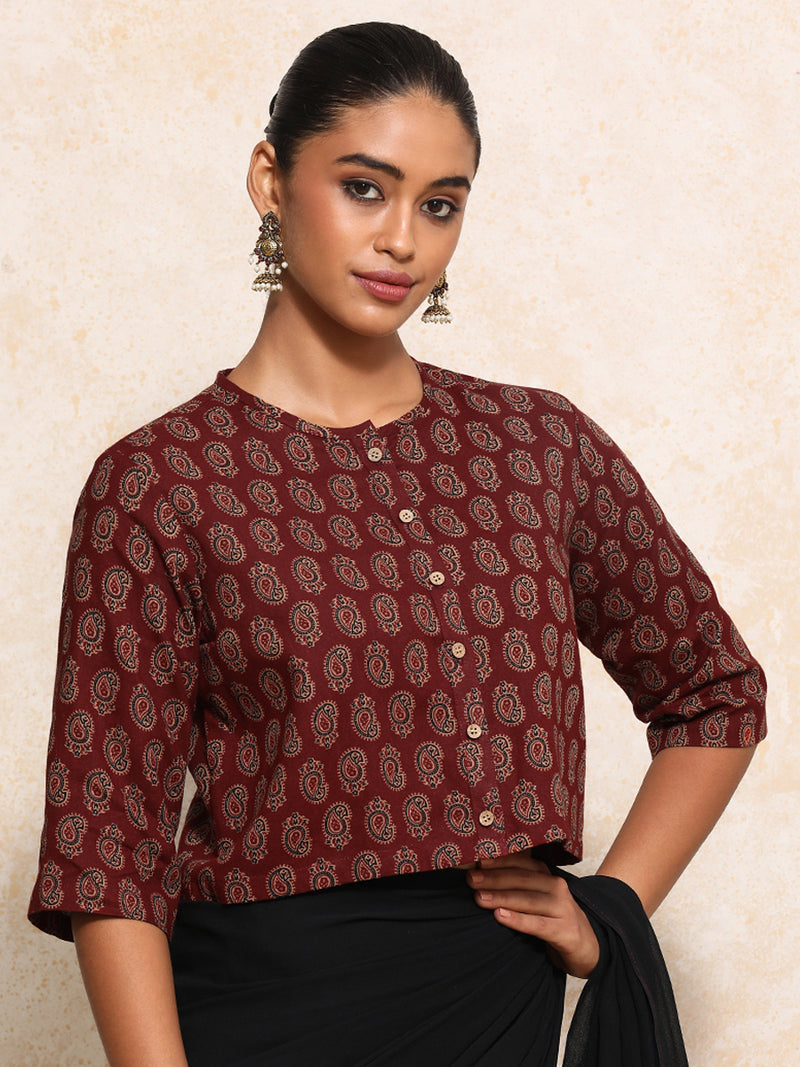 Baisakhi x Rozaana | Elbow Sleeves Saree Blouse in Red Mango Block Print Cotton-Binks
