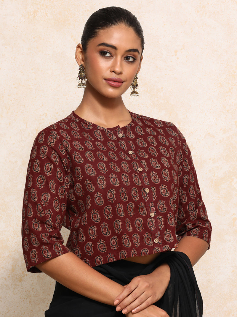 Baisakhi x Rozaana | Elbow Sleeves Saree Blouse in Red Mango Block Print Cotton-Binks