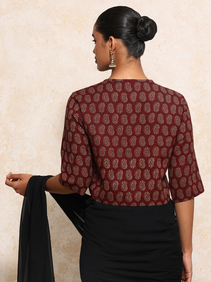 Baisakhi x Rozaana | Elbow Sleeves Saree Blouse in Red Mango Block Print Cotton-Binks