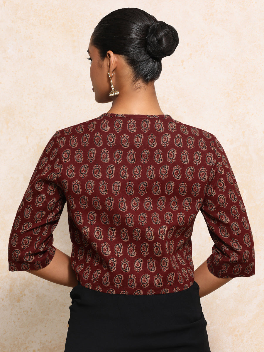 Baisakhi x Rozaana Saree Blouse, in Red 100% Cotton - Block Printed, featuring elbow sleeves and jewel neckline (view 2).