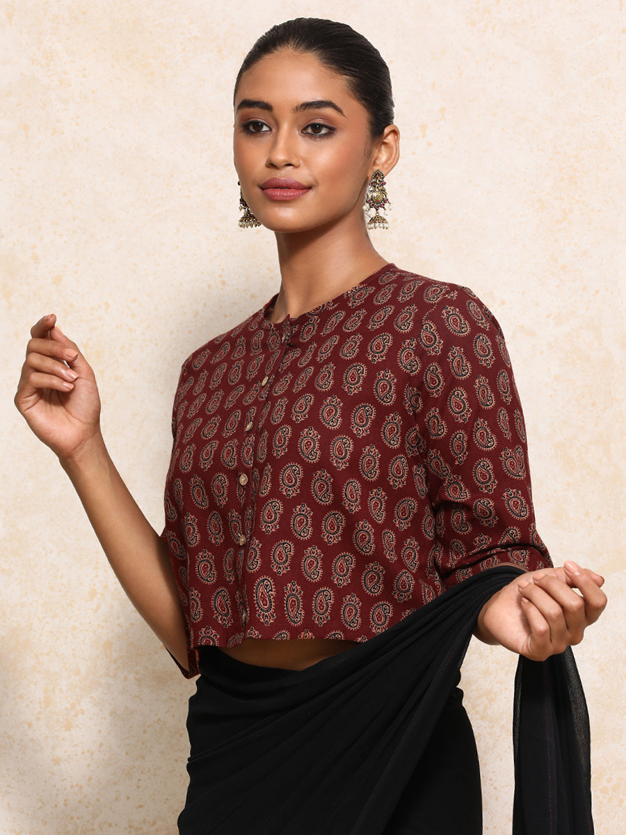 Baisakhi x Rozaana Saree Blouse, in Red 100% Cotton - Block Printed, featuring elbow sleeves and jewel neckline (view 8).