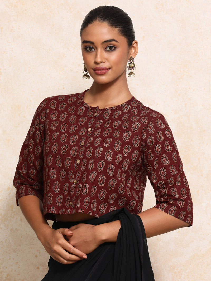 Baisakhi x Rozaana | Elbow Sleeves Saree Blouse in Red Mango Block Print Cotton-Binks