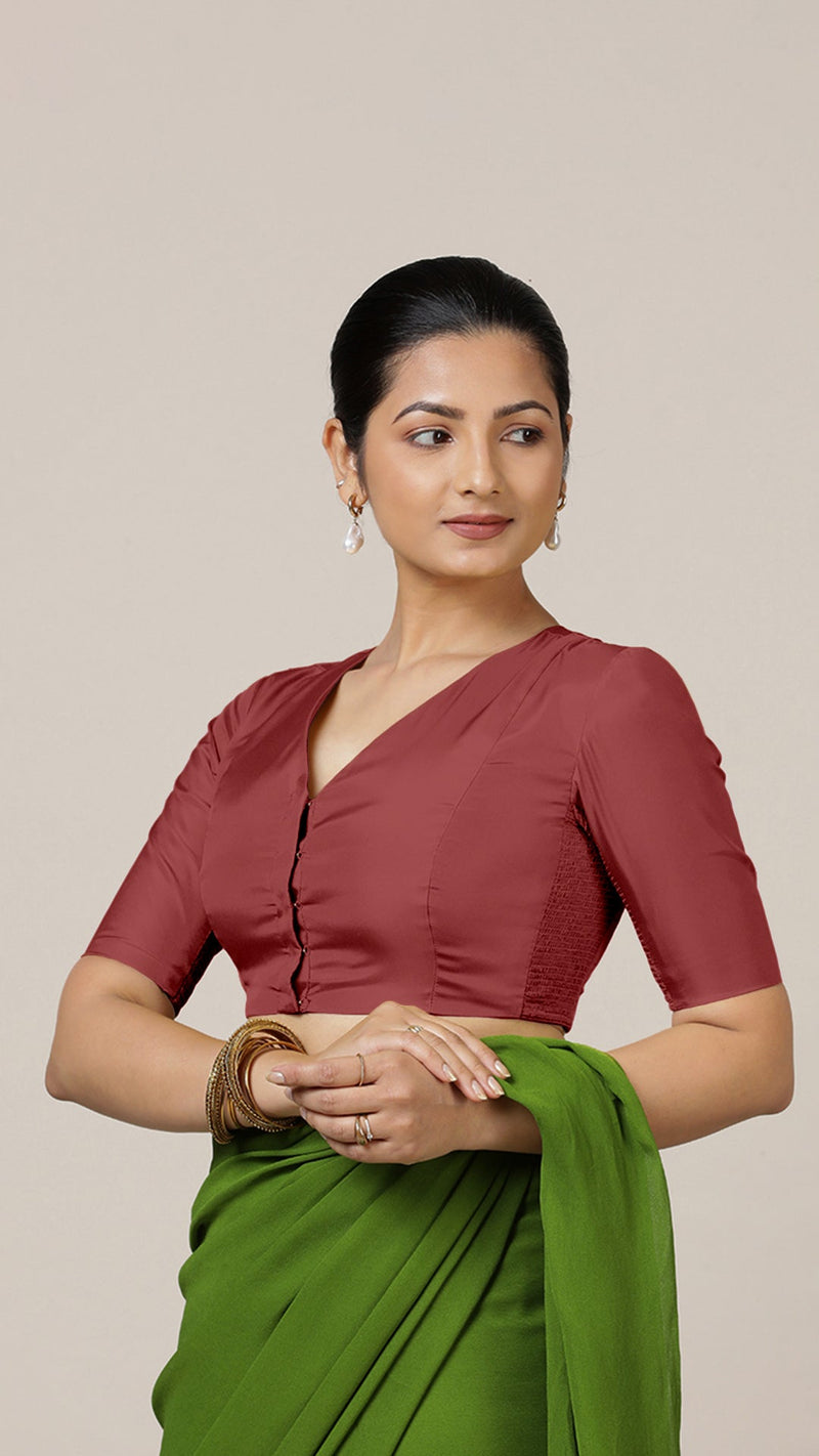 Begum x Rozaana | Elbow Sleeves Saree Blouse in Auburn Red-Binks