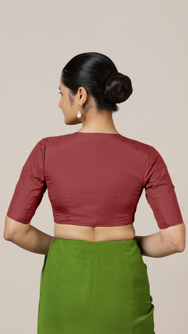 Begum x Rozaana Saree Blouse, in Red Vegan Silk, featuring elbow sleeves and v-neckline, made for daily & work (view 2).