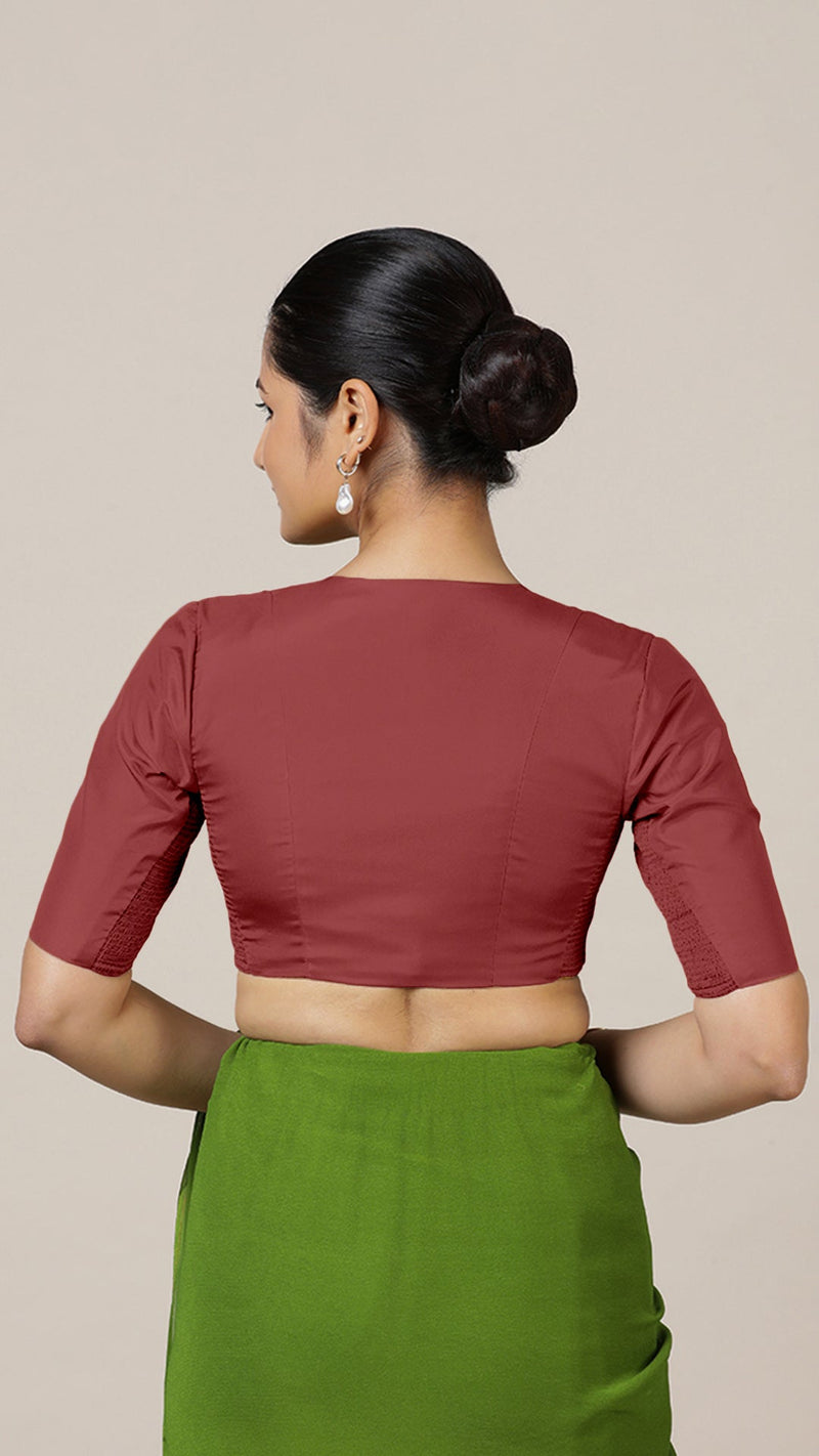 Begum x Rozaana | Elbow Sleeves Saree Blouse in Auburn Red-Binks