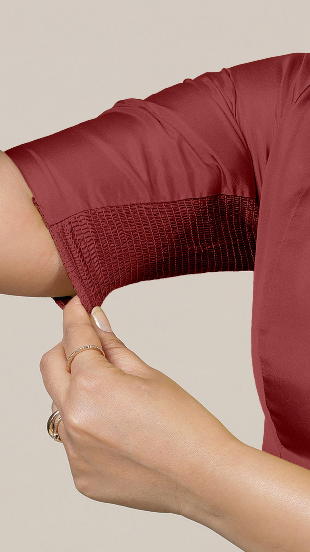 Begum x Rozaana Saree Blouse, in Red Vegan Silk, featuring elbow sleeves and v-neckline, made for daily & work (view 4).
