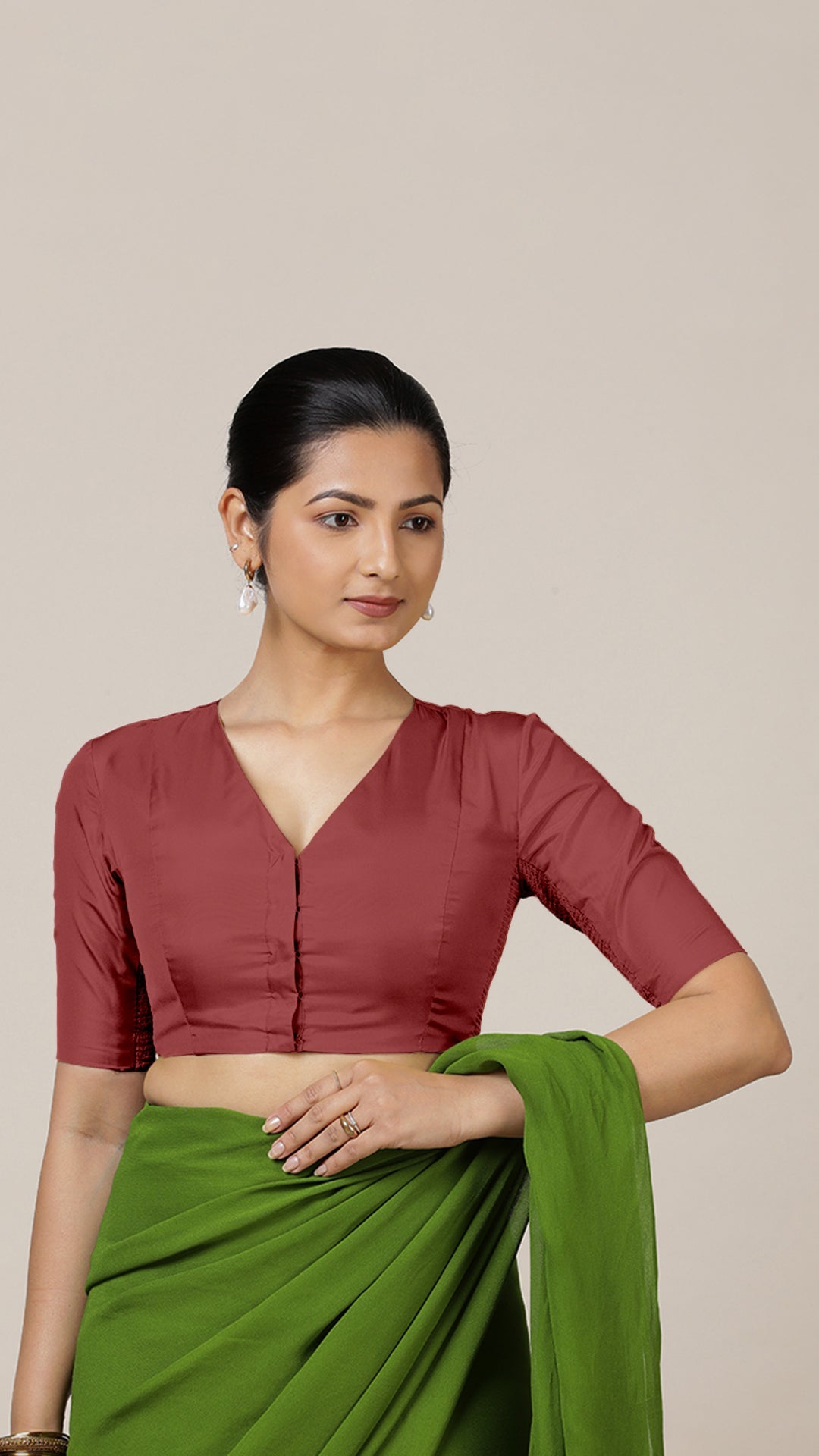 Begum x Rozaana Saree Blouse, in Red Vegan Silk, featuring elbow sleeves and v-neckline, made for daily & work (view 5).