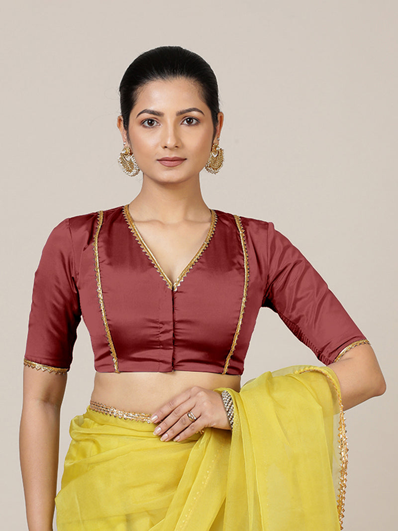 Begum x Tyohaar | Elbow Sleeves Saree Blouse in Auburn Red-Binks