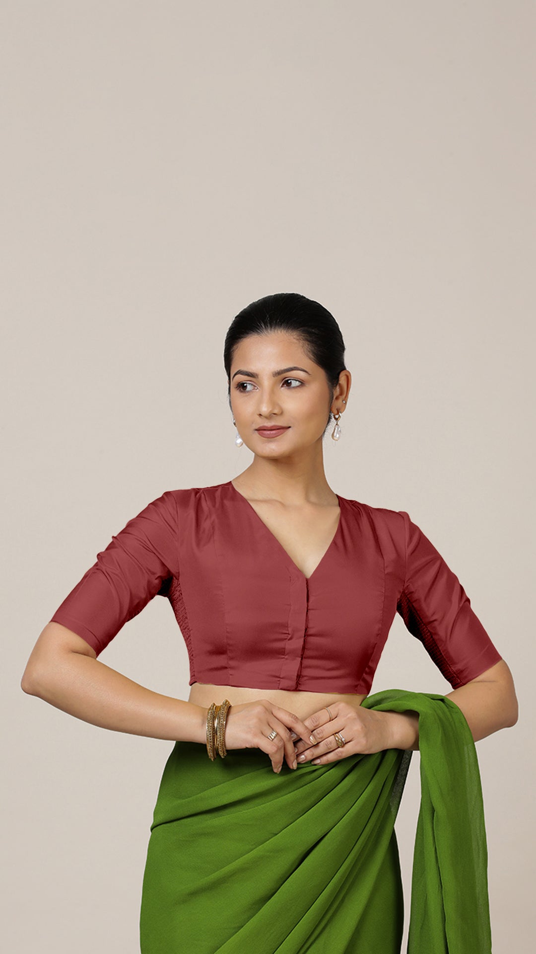Begum x Rozaana Saree Blouse, in Red Vegan Silk, featuring elbow sleeves and v-neckline, made for daily & work (view 7).