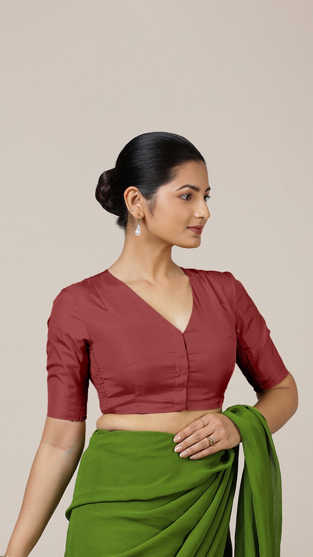 Begum x Rozaana Saree Blouse, in Red Vegan Silk, featuring elbow sleeves and v-neckline, made for daily & work (view 8).