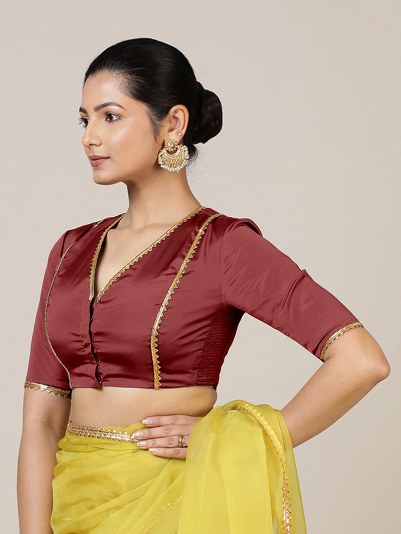 Begum x Tyohaar | Elbow Sleeves Saree Blouse in Auburn Red-Binks
