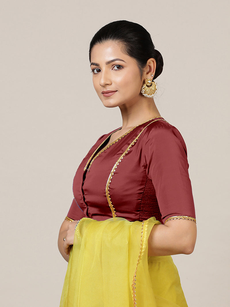 Begum x Tyohaar | Elbow Sleeves Saree Blouse in Auburn Red-Binks