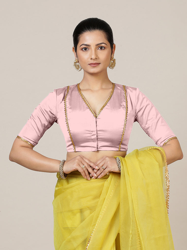 Begum x Tyohaar Saree Blouse, in Pink Vegan Silk, featuring elbow sleeves and v-neckline, made for party & festive.