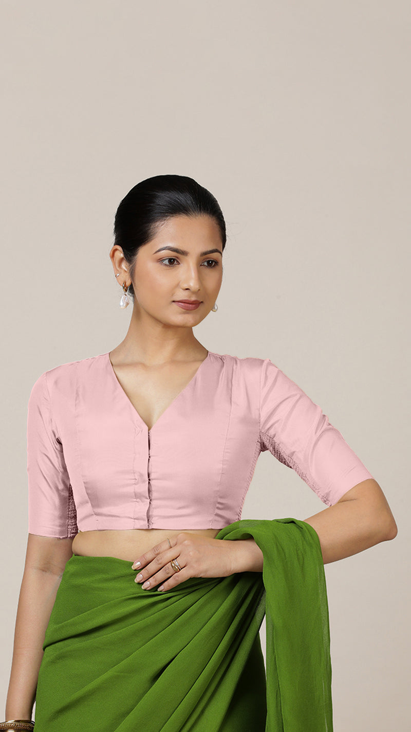 Begum x Rozaana | Elbow Sleeves Baby Pink FlexiFit™ Saree Blouse with V-Neck-Binks