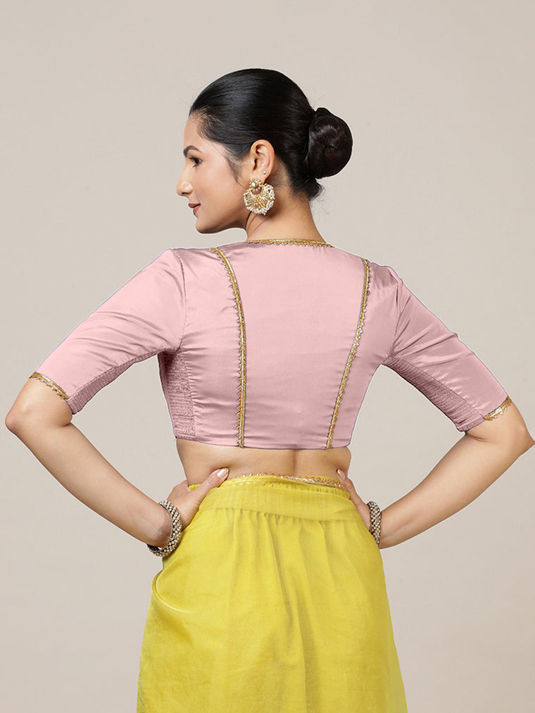 Begum x Tyohaar Saree Blouse, in Pink Vegan Silk, featuring elbow sleeves and v-neckline, made for party & festive (view 2).