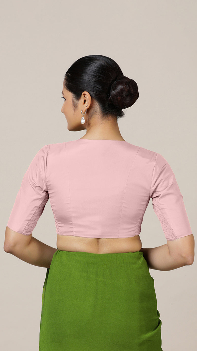 Begum x Rozaana | Elbow Sleeves Baby Pink FlexiFit™ Saree Blouse with V-Neck-Binks