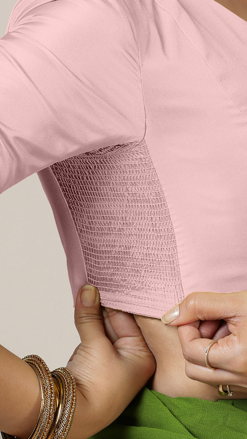 Begum x Rozaana | Elbow Sleeves Baby Pink FlexiFit™ Saree Blouse with V-Neck-Binks
